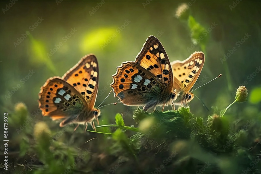 Obraz premium Butterflies in a spring meadow against the background of blurred nature and sun rays, a forest meadow with a lot of beautiful spring green flowers outdoors on a bright sunny day, generated ai
