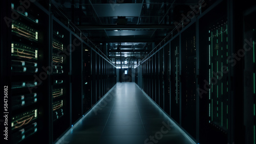 Data server network storage room interior, hallway.