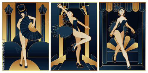 illustrations of art deco ladies style in black and gold colours	