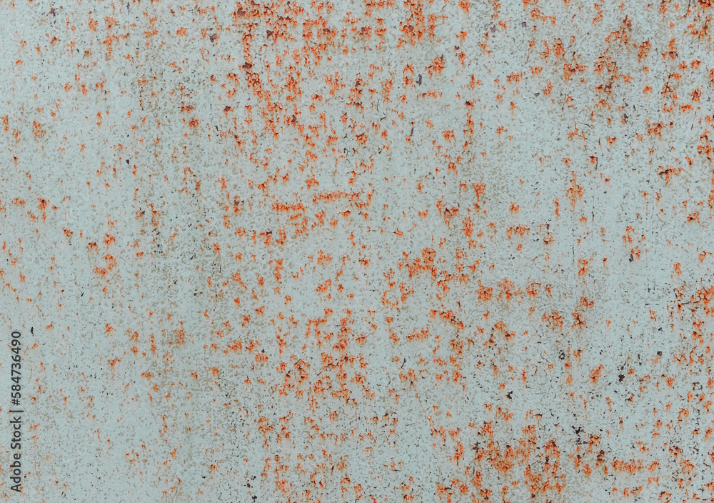 Rusty metal painted background. Rust spots and streaks on stained metal surface. Grunge industrial colored steel texture. Scratched corroded aged damaged backdrop with rustic vintage worn details.