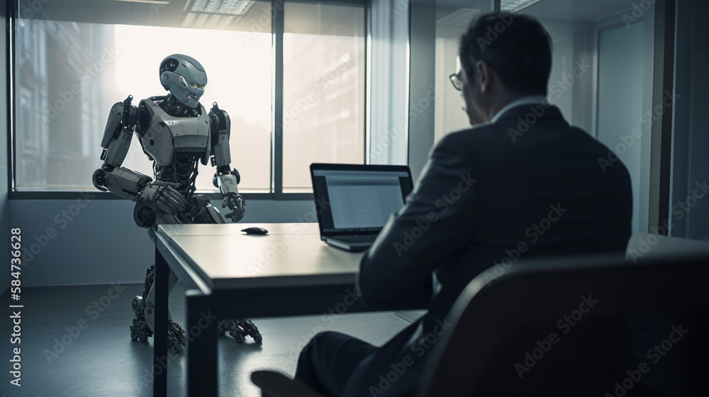 Humanoid artificial intelligence cyborg robot sitting in modern office with businessman giving advice.AI