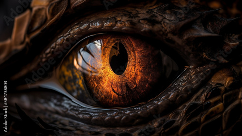 Close up of eye of mystical ancient dragon creature, generative ai.