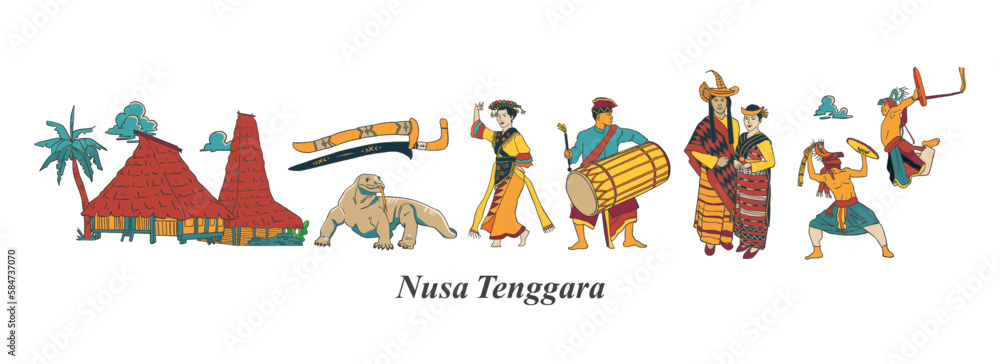 Set Nusa Tenggara Culture and Landmark Illustration. Hand drawn Indonesian cultures background Set Nusa Tenggara Culture and Landmark Illustration. Hand drawn Indonesian cultures background
