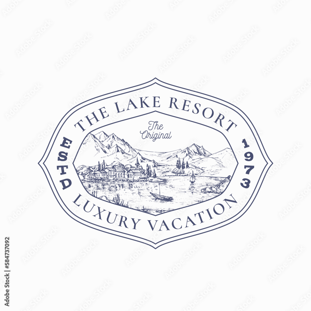 Outdoor Recreation Vacation Frame Badge Logo Template. Hand Drawn Mansion Building near Lake and Mountains Landscape Sketch with Retro Typography and Borders. Vintage Sketch Emblem Isolated
