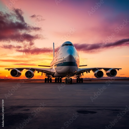 a large jetliner sitting on top of an airport runway at sunset with a sky background and clouds in the sky above it and a plane on the ground landing gear engine rolls directly security Generative AI  © Gerg