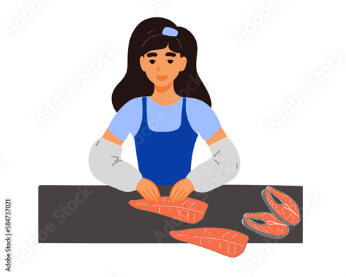 A woman cuts red fish. Vector illustration