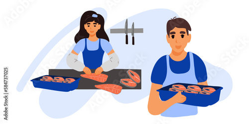 A woman cuts red fish, a man carries salmon steaks in a box. Fish shop. Vector illustration