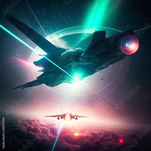  flying in the sky, trailing a laser light, two fighter jets are following its path space in dark night laser neon earth word supersonic speed of spacecraft Generative AI 
