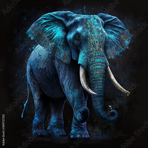 Blue Mystical Elephant Awakening. Totem animal. Fashionable with large white tusks big ears several tons wild indian in front of portrait with black background powder african stand walk Generative AI 