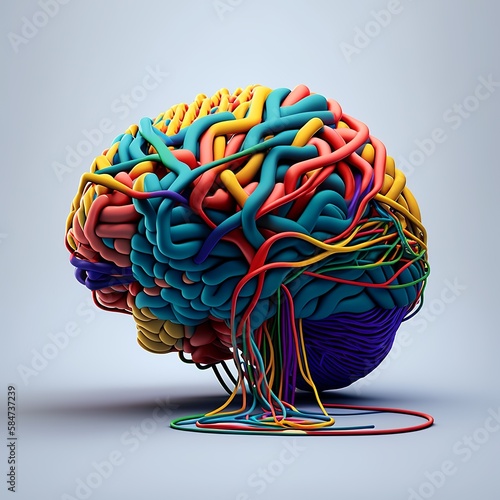 brain covered with colorful wires seam dressing dexterity handmade smart technology network colored cables ropes vascularr intellect human head intelligence connection Generative AI