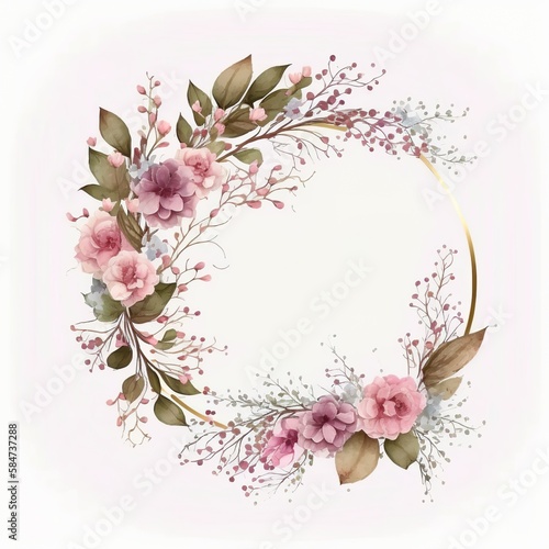 Circle Frame with Pink Watercolor Flowers. Elegant with white background wreath decorative pattern ring crown hair band pink branch bouquet peach blossom green leaves rose Generative AI