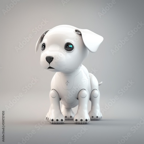Cute robotic puppy isolated on large empty background. White happy little dog robot. Futuristic pet assistant powered by artificial intelligence Generative AI