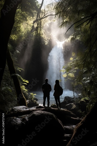 Couple silhouette over waterfall in the rainforest. Vacations concept. Generative AI vertical shot