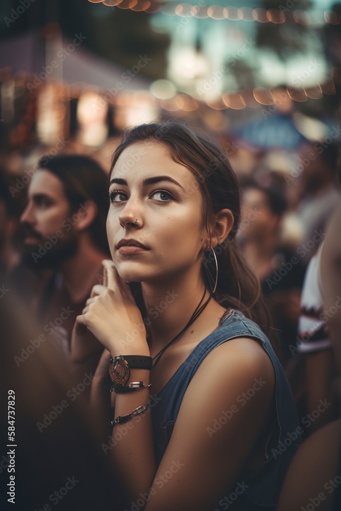 Close up shot of cool girl in summer festival. Generative AI vertical shot Close up shot of cool girl in summer festival. Generative AI vertical shot