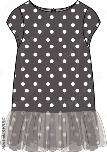 KID GIRLS WEAR SLEEVELESS DRESS WITH MESH TRANSPARENT CLOTH AND POLKA DOT PATTERN VECTOR