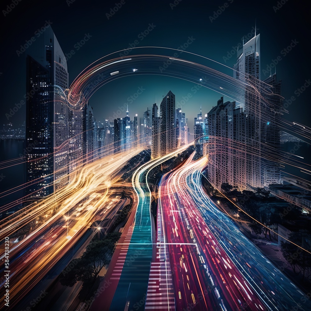 Smart digital city with high speed light trail of cars of digital data transfer line laser holographic swirl twisted light in dark futuristic rainbow anxious connection way speed of Generative AI Smart digital city with high speed light trail of cars of digital data transfer line laser holographic swirl twisted light in dark futuristic rainbow anxious connection way speed of Generative AI
