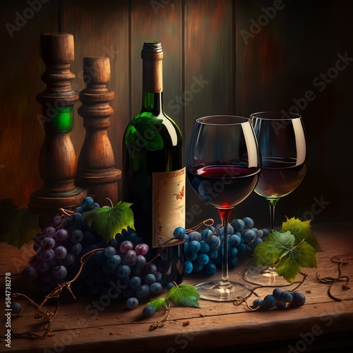 two glasses of wine sitting next to each other on a wooden table next to a bottle of wine and a bunch of grapes on the table. decoration serving vinery alcohol drink beverage Generative AI 