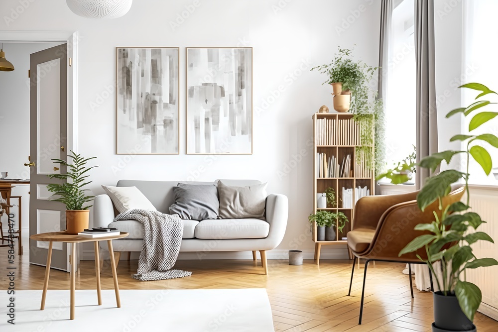 Fototapeta premium Light living room nordic style, generative ai image