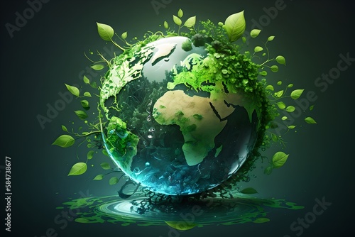 Green Earth globe covered with leaves  generative ai illustration