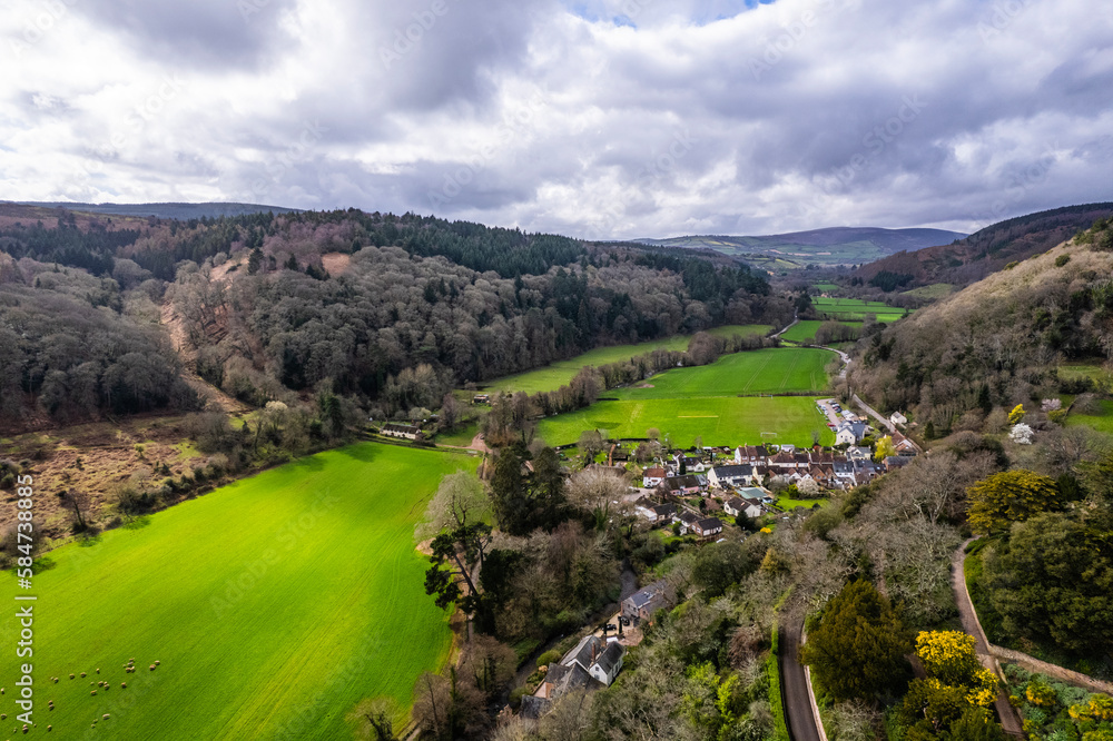 Aerial shot of beautiful valley and countryside in Somerset, UK