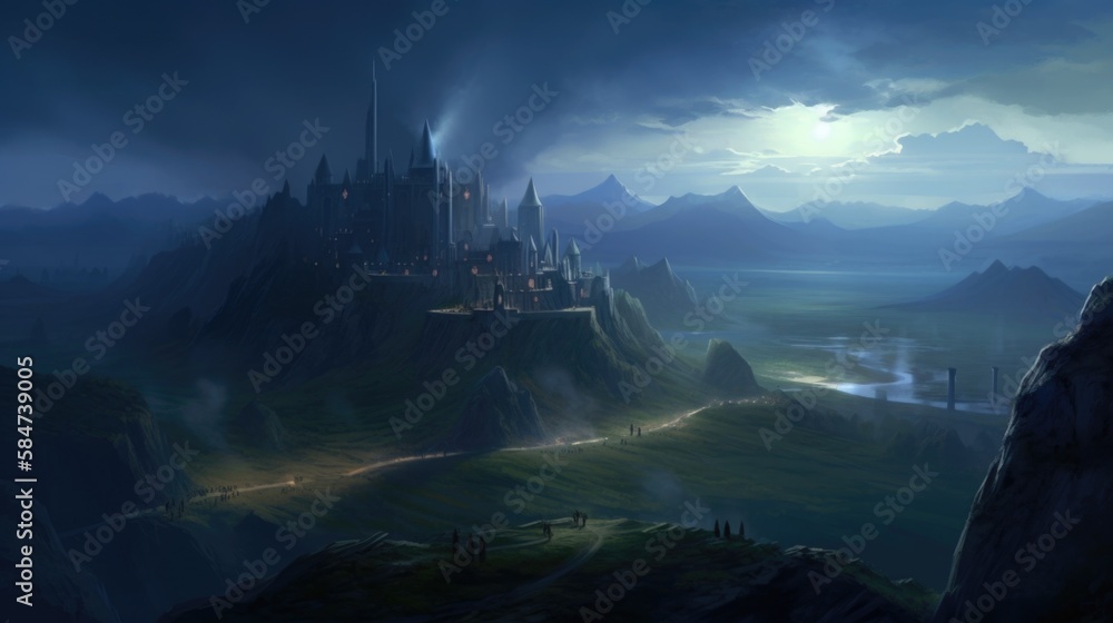 Fototapeta premium Landscape of Medieval Fantasy City Surrounded By Mountains Generative AI