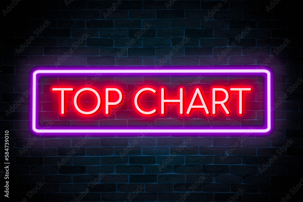 Top chart neon banner on brick wall background. Top chart neon banner on brick wall background.