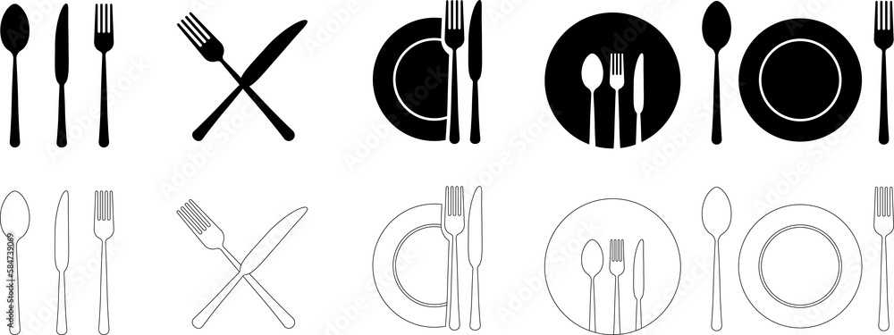 Cutlery silhouettes. Fork, knife, spoon and plate set icons. Vector utensil illustration restaurant symbols. Tableware set flat style. PNG image Cutlery silhouettes. Fork, knife, spoon and plate set icons. Vector utensil illustration restaurant symbols. Tableware set flat style. PNG image