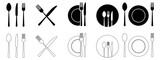 Cutlery silhouettes. Fork, knife, spoon and plate set icons. Vector utensil illustration restaurant symbols. Tableware set flat style. Vector EPS 10