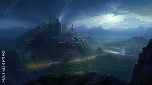 Landscape of Medieval Fantasy City Surrounded By Mountains Generative AI © Fauzan