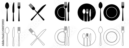 Cutlery silhouettes. Fork, knife, spoon and plate set icons. Vector utensil illustration restaurant symbols. Tableware set flat style. Vector EPS 10
