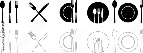 Cutlery silhouettes. Fork, knife, spoon and plate set icons. Vector utensil illustration restaurant symbols. Tableware set flat style. PNG image