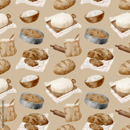 Watercolor bread seamless pattern. Hand drawn baking products illustration. Loaf of wheat bread, dough, pie pan on brown background. Cooking repeating design for cookbook, recipe, menu, blog, package