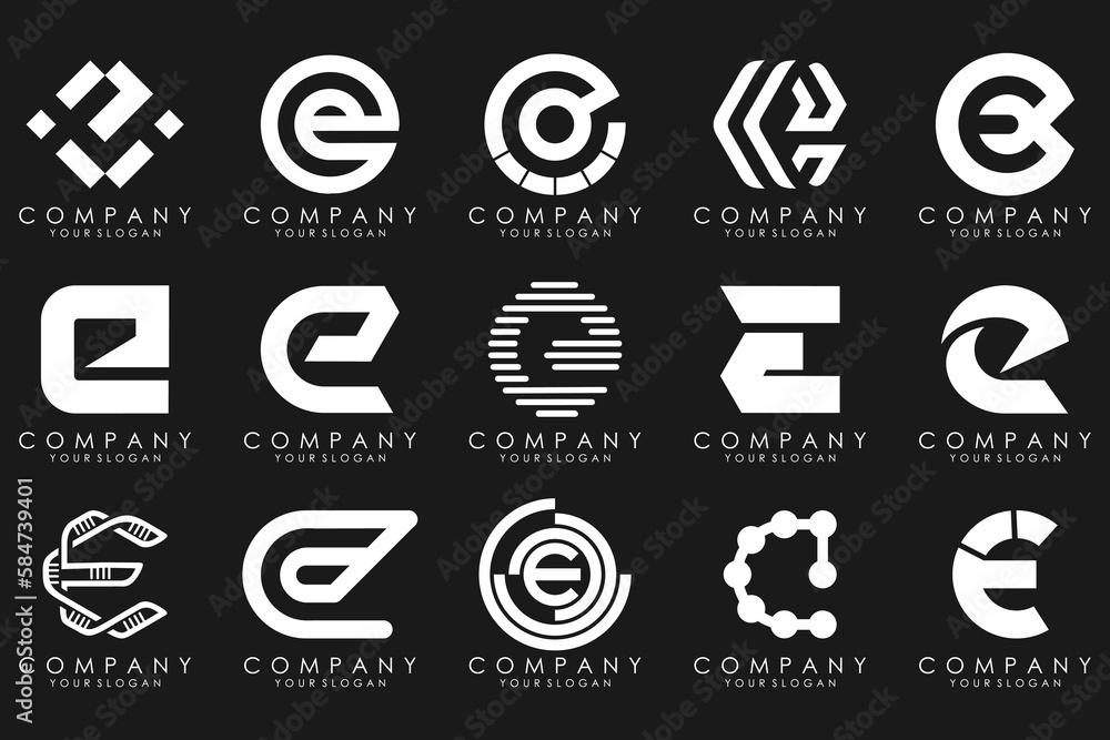 mega collection letters E logo design inspiration. Geometrical abstract logos mega collection letters E logo design inspiration. Geometrical abstract logos