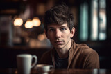Portait of an young man sit in a coffee shop - Ai generative