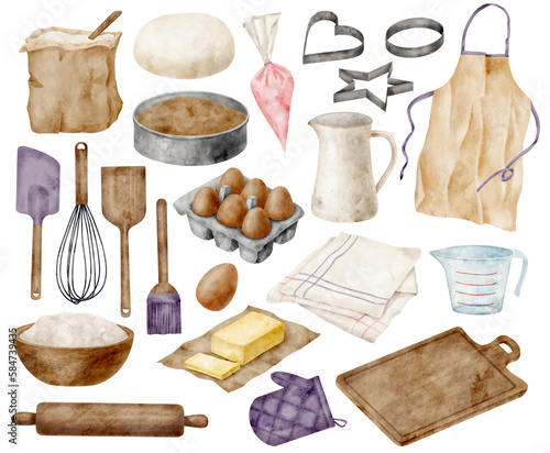 Watercolor baking ingredients and utensils set. Hand drawn flour, bowl, dough, eggs, butter, rolling pin, cutting board, pastry brush, oven mitt, whisk, spatula, apron isolated on white background