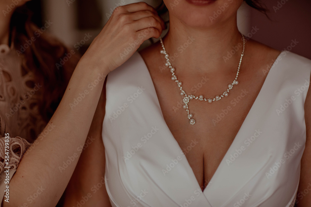 Wedding accessory bride necklace on the chest, wedding dress