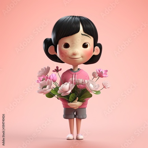Cute Cartoon Asian Girl Hol...