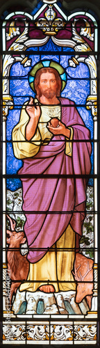 ANNECY, FRANCE - JULY 10, 2022: The Heart of Jesus on the stained glass of the church Eglise Saint Maurice by Claudius Lavergne from 19. cent.