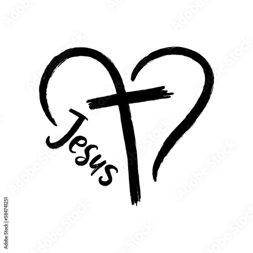 A heart, a cross and the inscription Jesus in grunge style. A symbol of Christianity.