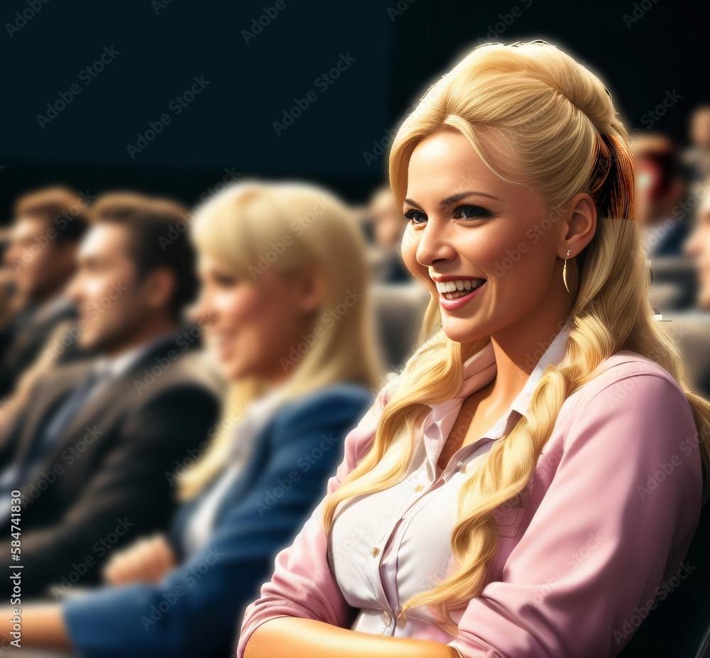 Blonde Haired Woman in Pink Shirt Sitting in a Crowded Movie Theater Reacting and Laughing Generative AI illustration Blonde Haired Woman in Pink Shirt Sitting in a Crowded Movie Theater Reacting and Laughing Generative AI illustration