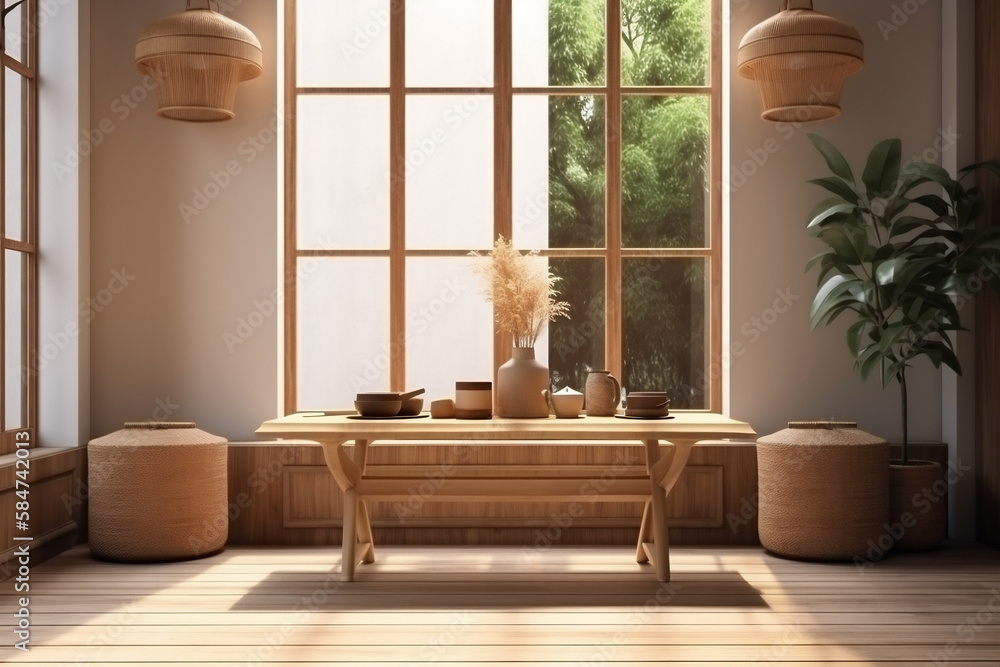 Ambiente 3d com uma bela mesa em madeira em frente de uma janela grande  - obrazy, fototapety, plakaty 