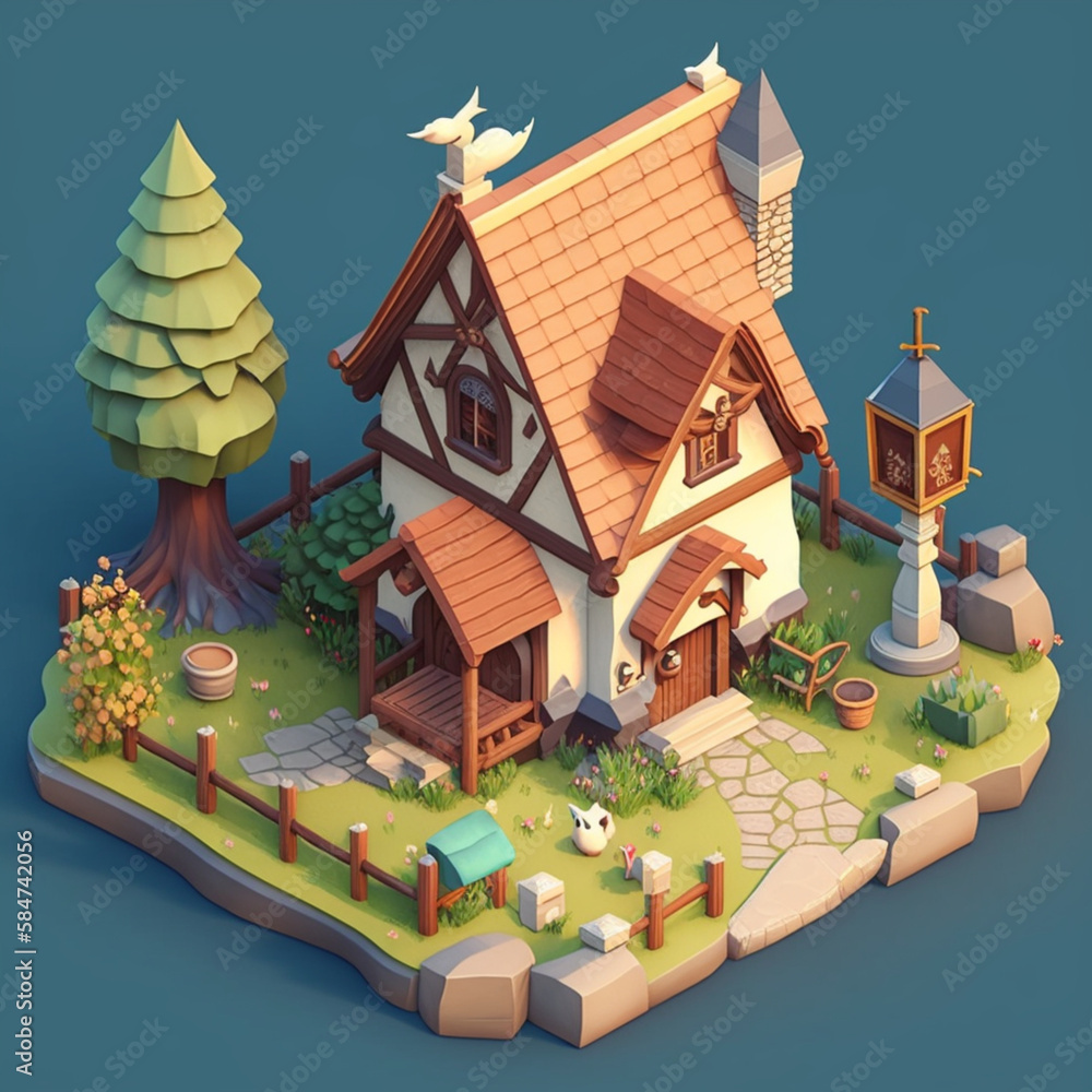 Charming Medieval Cottage - Cute 3D isometric village, detailed, cartoon, gameart
