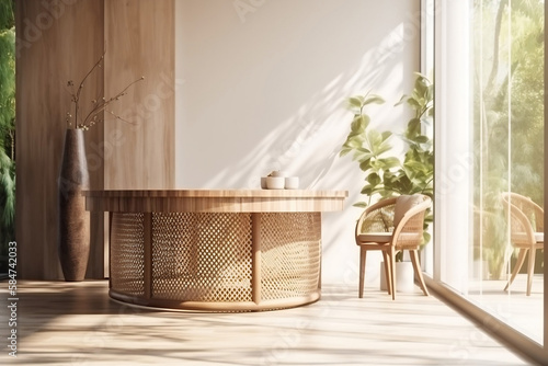 Ambiente 3d de uma mesa redonda de madeira e uma cadeira de maneira em uma sala com paredes bege e uma grande janela photo