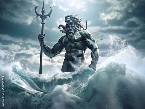 Fototapeta mythological poseidon figure, underwater kingdom ruler, generative AI