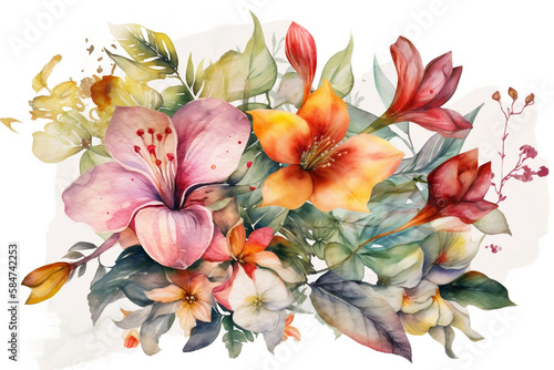 Ilustração de lindas flores coloridas em aquarela com fundo branco photo