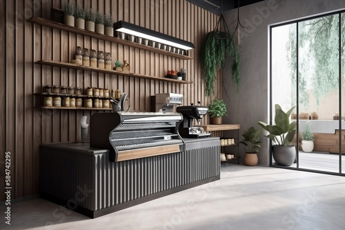 Ambiente 3d render de uma cafeteria com móveis em madeira escura e piso de cerâmica clean e luxuoso photo