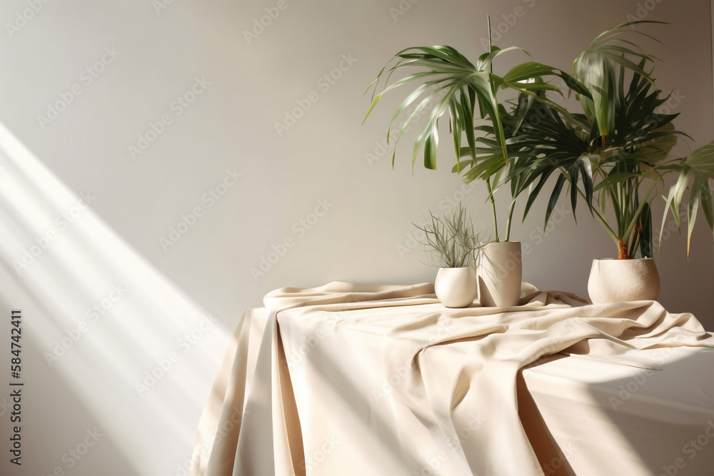 Ambiente 3d de uma mesa com tecidos bege em cima e plantas com fundo claro e iluminação da janela - obrazy, fototapety, plakaty 