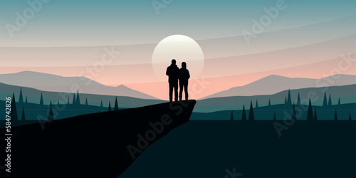 wanderlust adventure couple in the wilderness at sunset green landscape