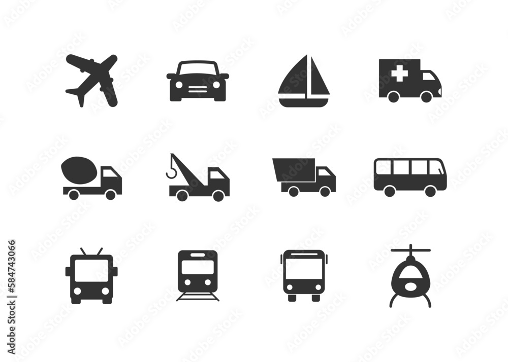 Set of transportation icon. car, ship, truck, airplane icon flat style isolated on white background. transport symbol. Vector illustration eps 10 Set of transportation icon. car, ship, truck, airplane icon flat style isolated on white background. transport symbol. Vector illustration eps 10