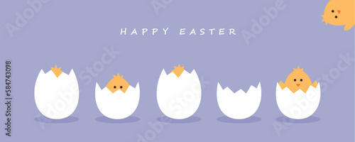 happy easter minimal design with egg and little chick on blue background